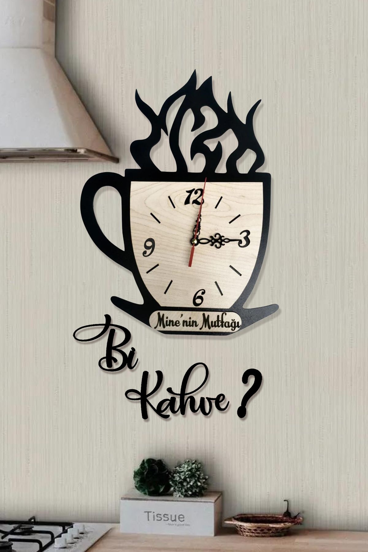 Ensa Design Bardak Figürlü Kişiye Özel Mutfak Saati - Ahşap Duvar Saati Bi Çay Yazılı