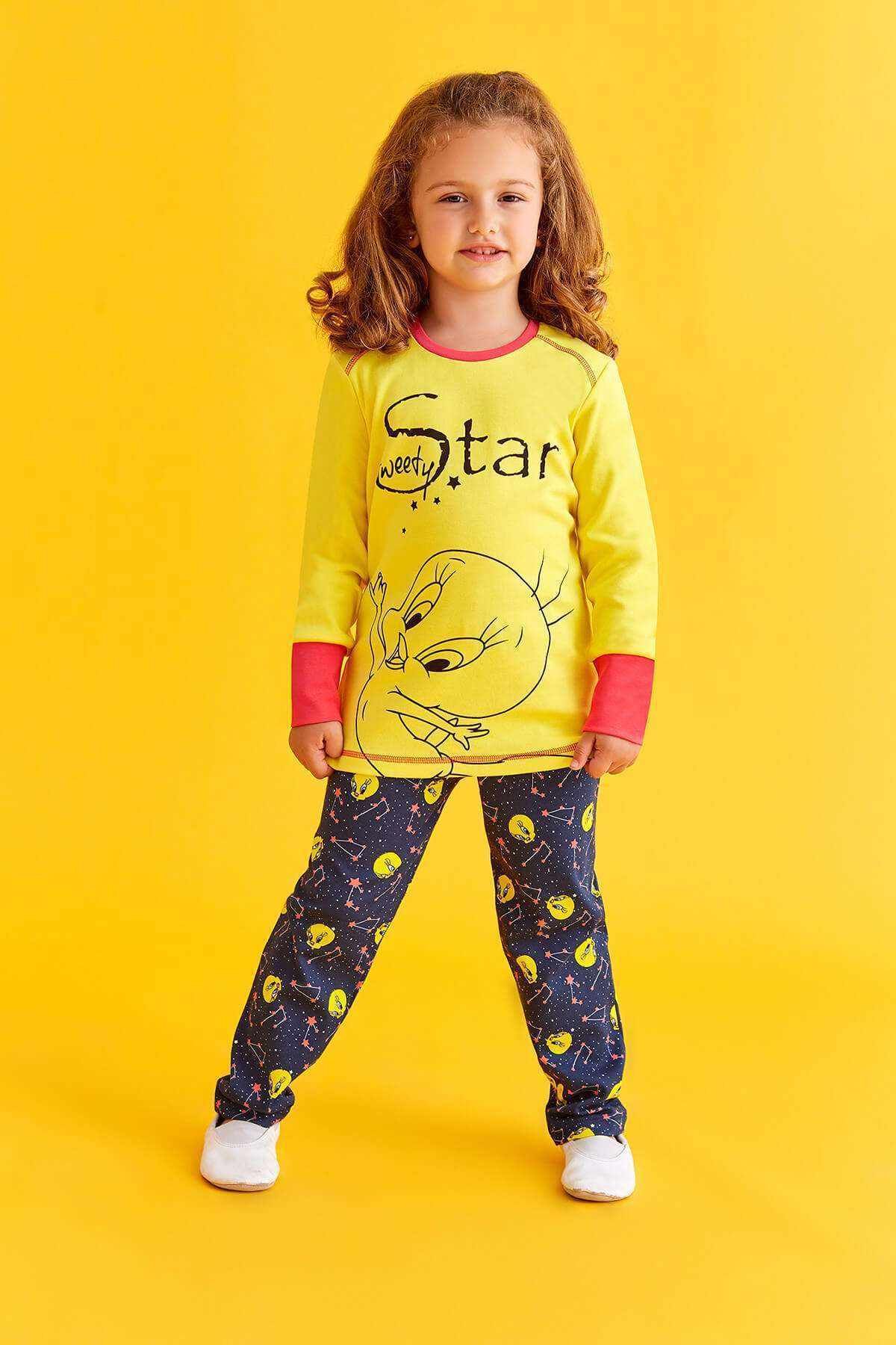 Tweety Lisanslı Kız Çocuk Pijama Takımı Sarı
