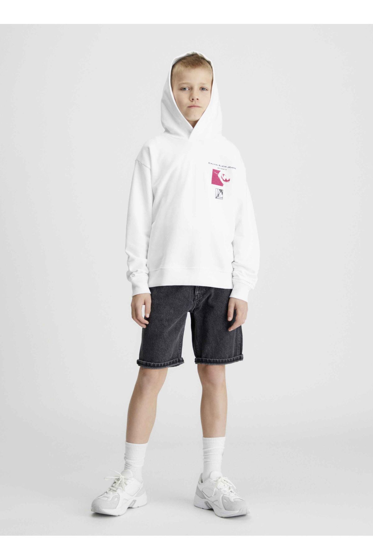 Calvin Klein Baskılı Erkek Beyaz Sweatshırt Terry Photograph Hoodıe