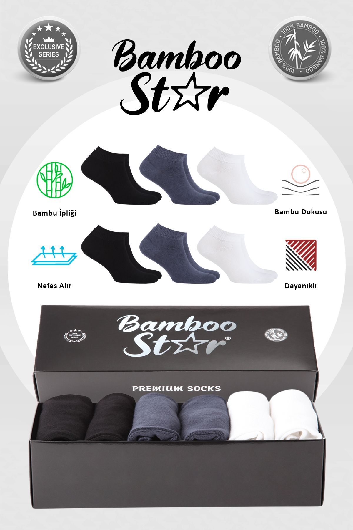 bamboo star Bambu Erkek Patik Düz Asorti Dikişsiz Çorap  Premium Kutulu 6'lı (2 Beyaz - 2 Siyah - 2 Füme)