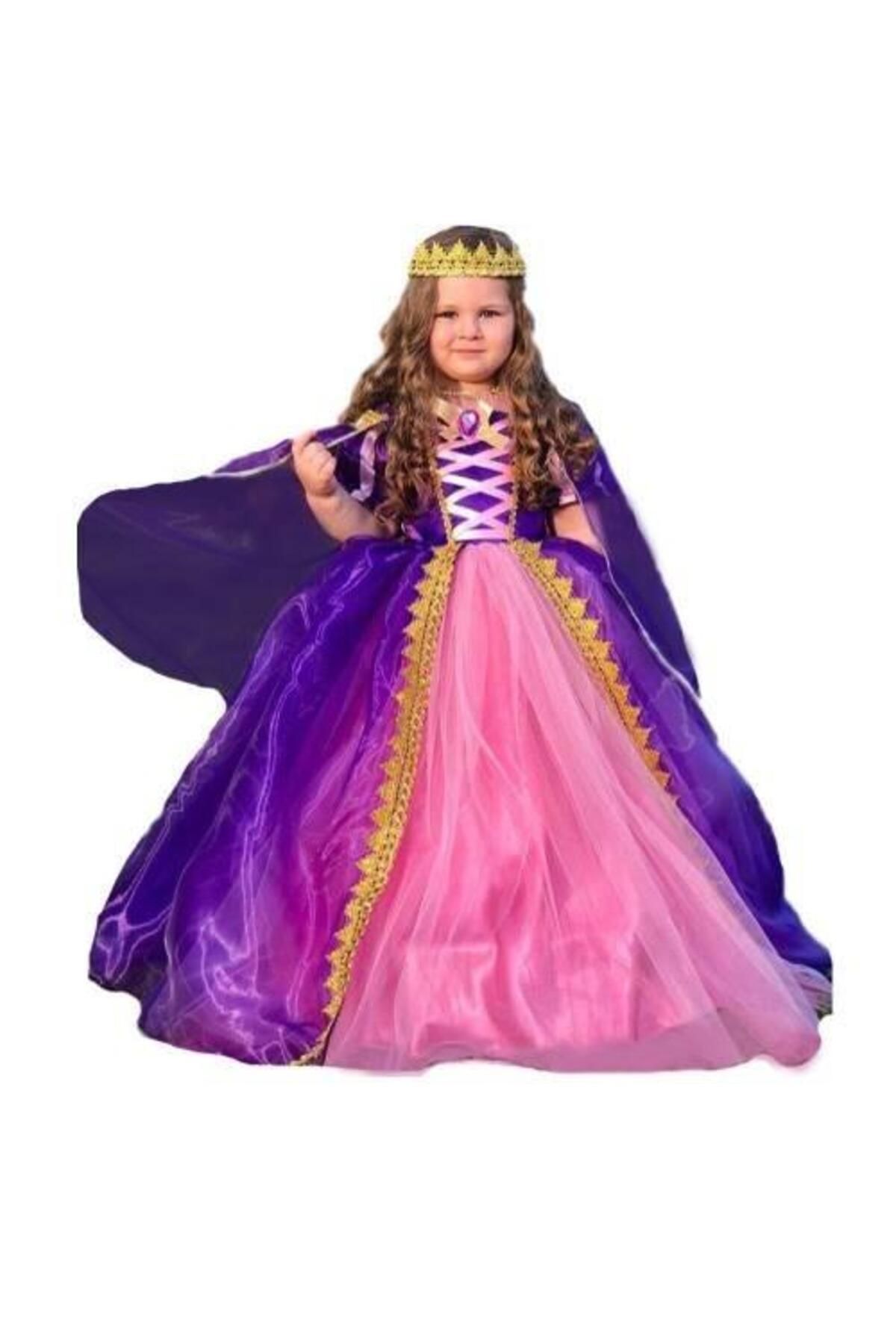 Mashotrend Rapunzel Kostüm - Taçlı Rapunzel Kostümü - Pelerinli Taclı Rapunzel Kostümü - Tarlatanlı Rapunzel