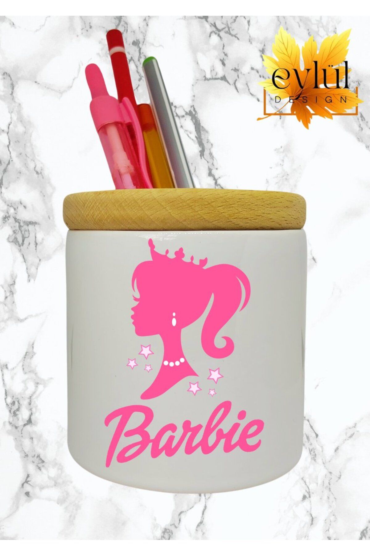 Eylül Design Barbie Baskılı Seramik Masaüstü Kalemlik Ahşap Detaylı Kalem Kutusu Doğum Günü Hediyesi