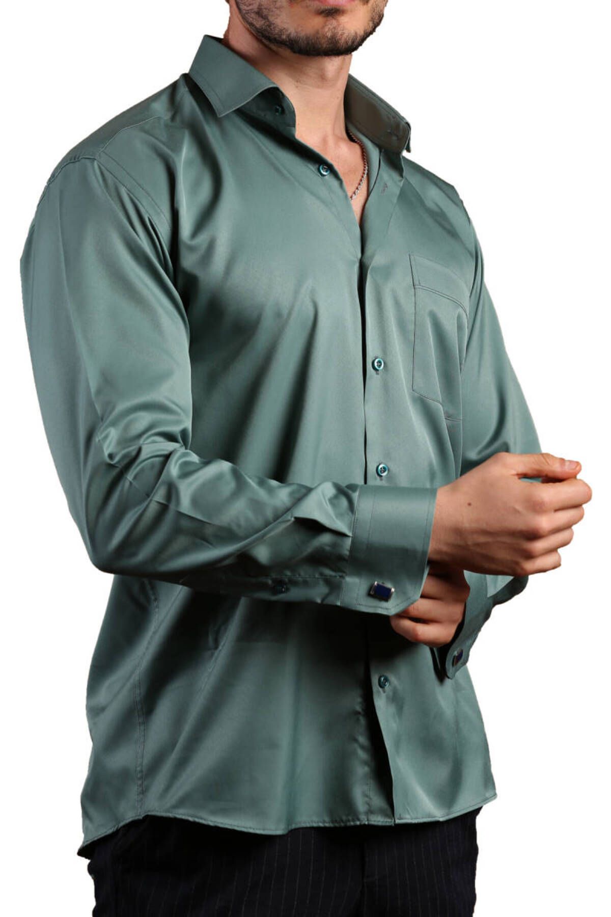 Dicotto Haki Yeşil Büyük Beden Rahat Kesim Micro Kumaş Kol Düğmeli Regular Fit Erkek Gömlek - 190-19