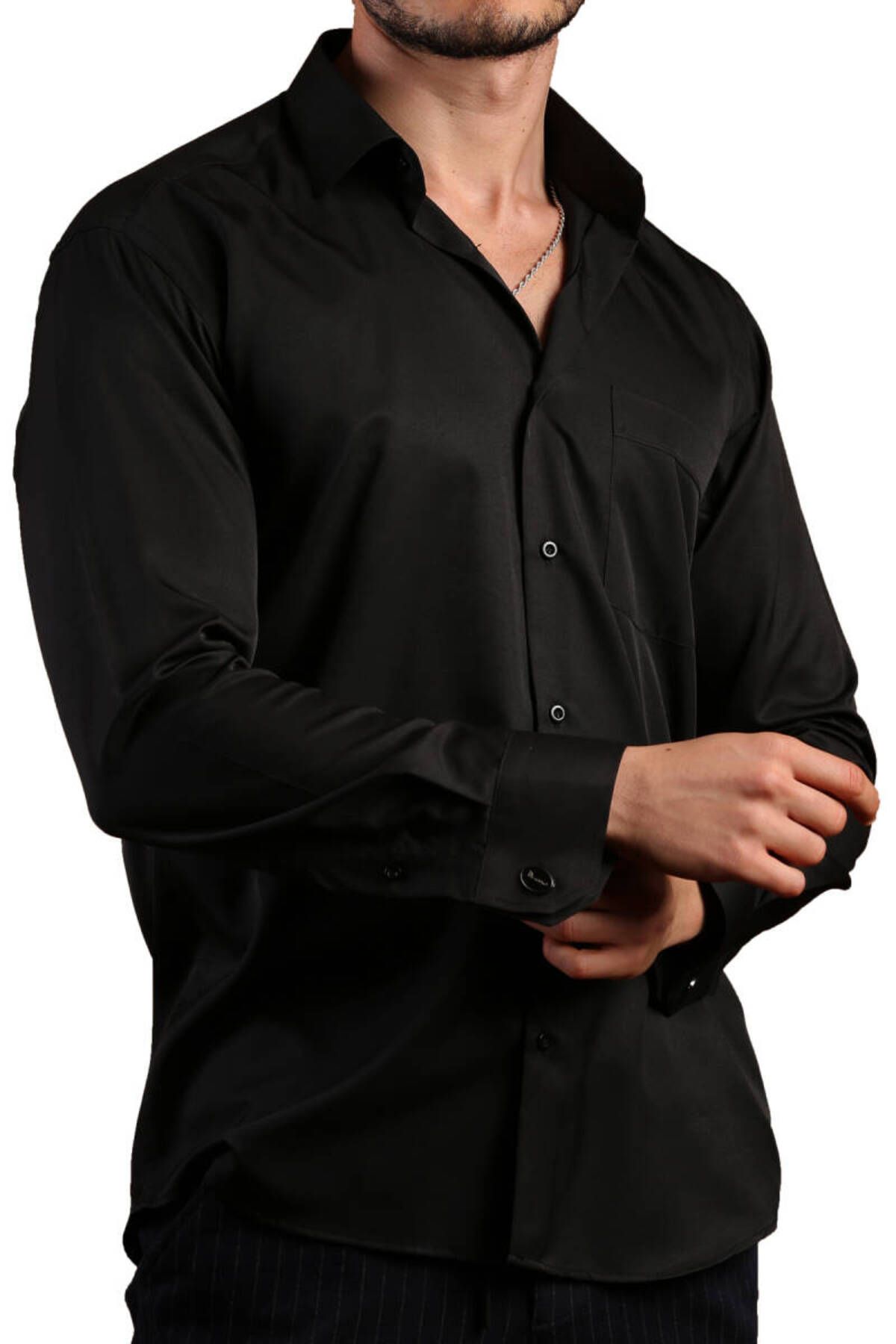 Dicotto Siyah Büyük Beden Rahat Kesim Micro Kumaş Kol Düğmeli Regular Fit Erkek Gömlek - 190-6