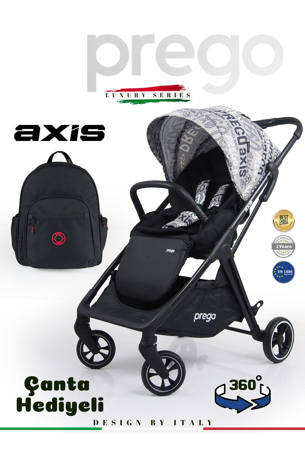 Prego Axis 360 Derece Dönebilen Oturma Üniteli Çift Yönlü Bebek Arabası + Çanta