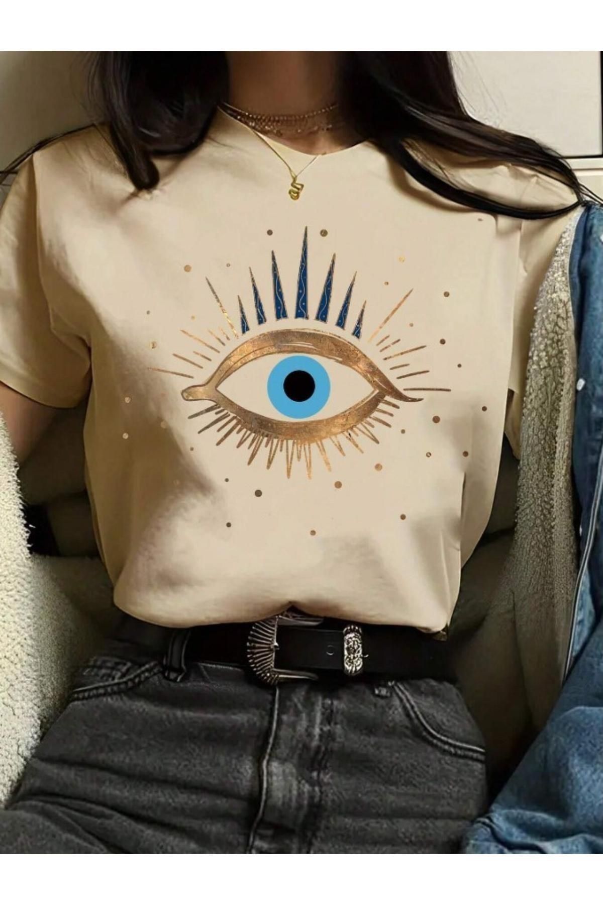 Trendseninle Kadın Bej Eye Baskılı Regular Tişört