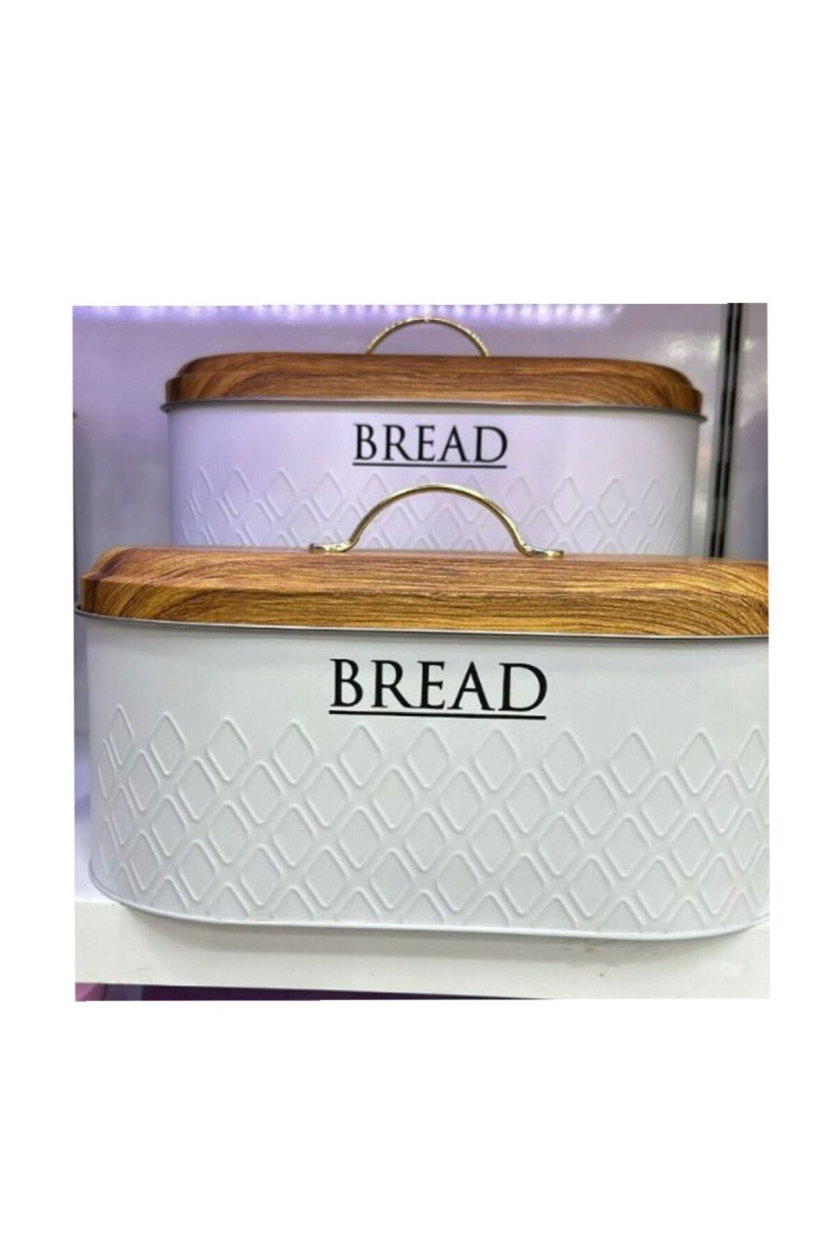 Bayev Ekose Bread Bambu Kapak Görünümlü Metal Beyaz Ekmeklik
