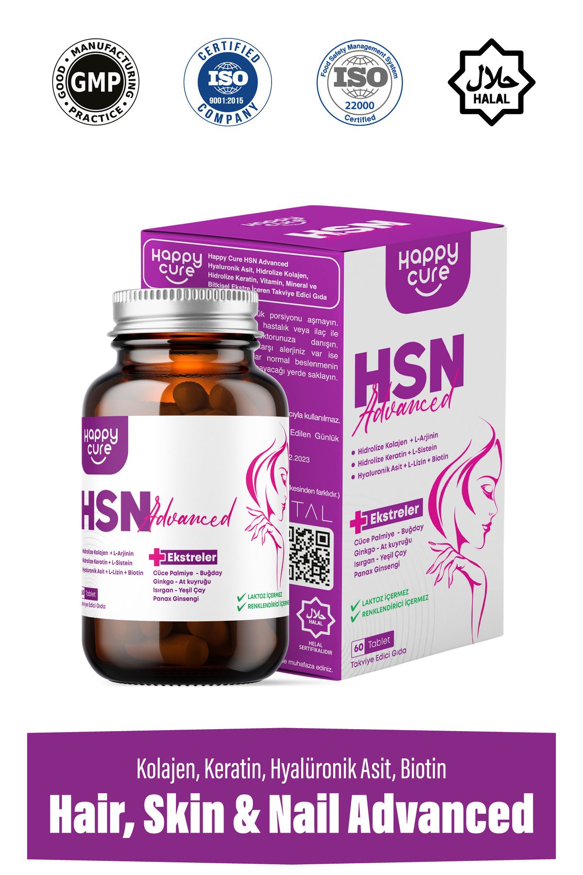 Happy Cure HSN Advanced 60 Tablet (Kolajen, Keratin, Hyalüronik Asit, Biotin, C Vitamini)