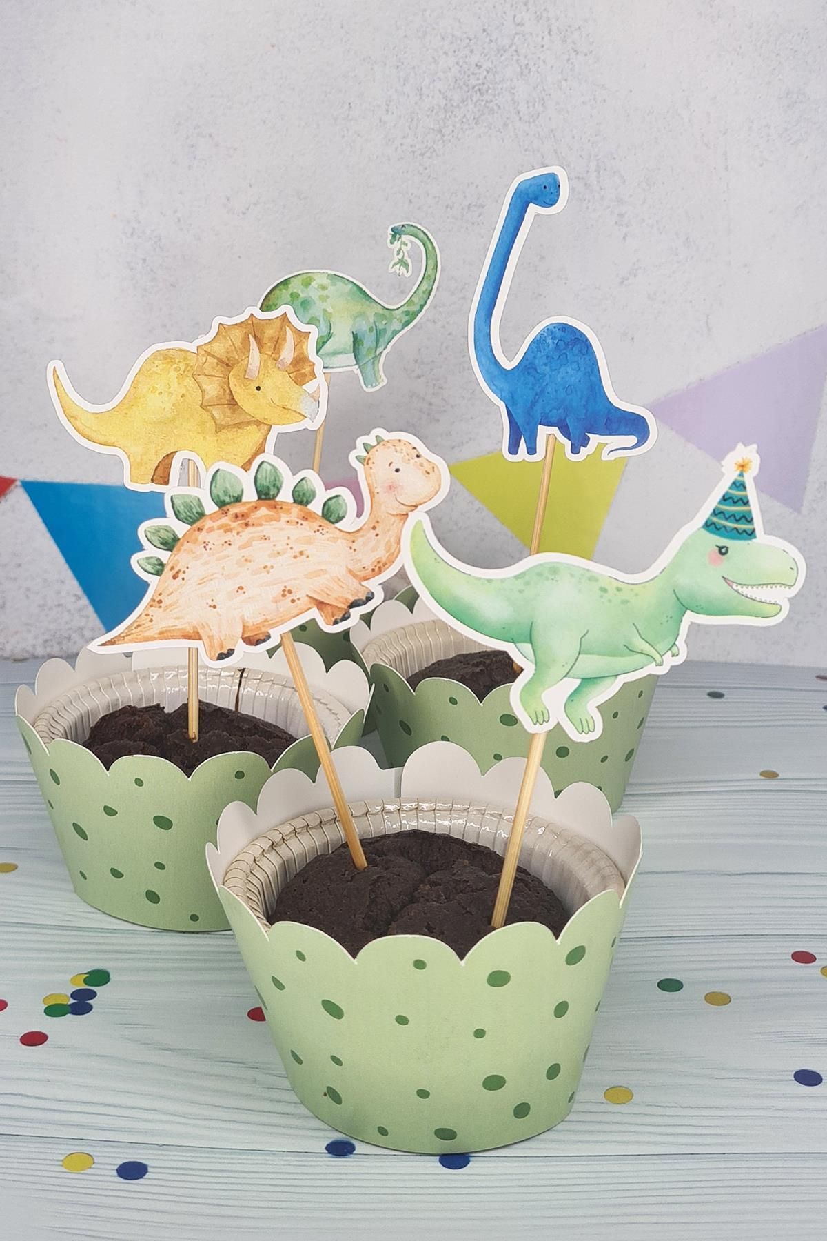 PEKSHOP Dinozor Konsept Kürdan Süsleri Cupcake Süsleri Lüks Büyük Boy 10lu Paket