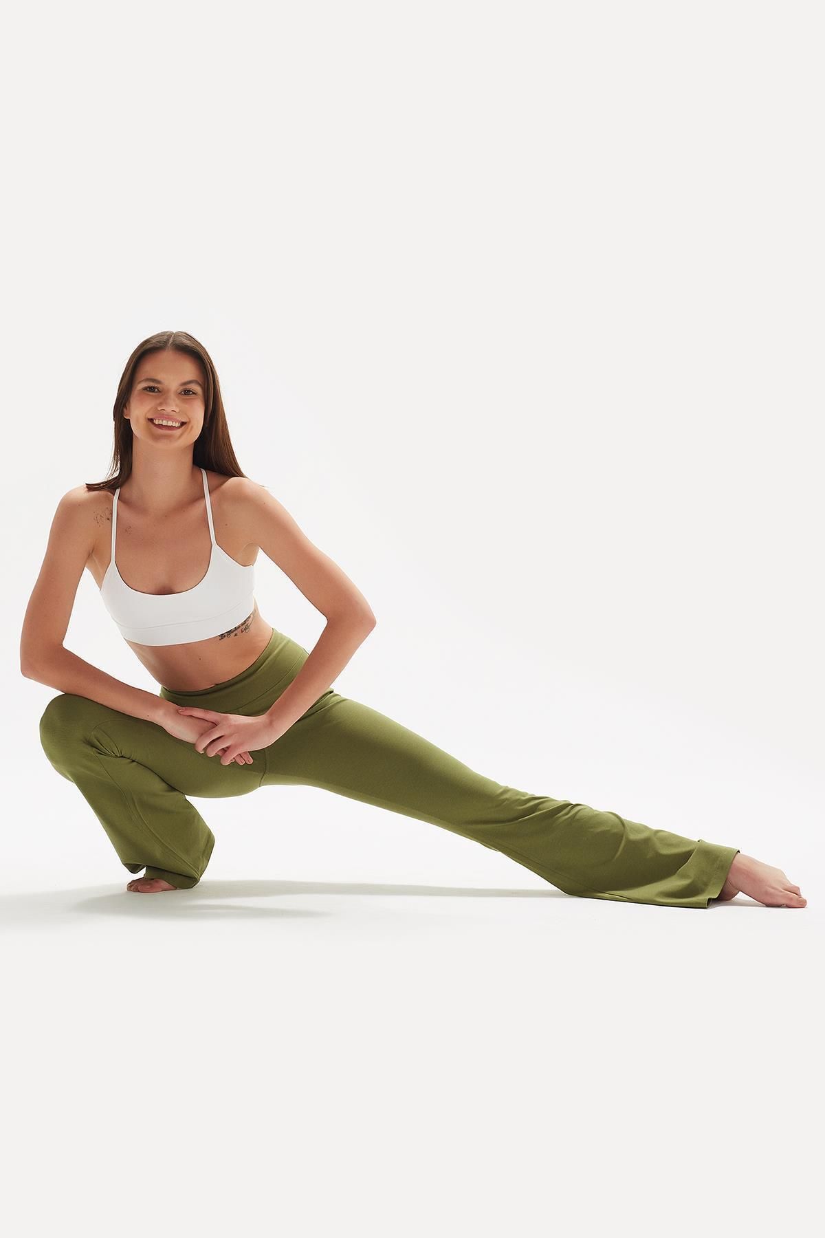 Comm-Ci Lark Yeşil Normal Bel Organik Pamuk Geniş Paça Uzun Tayt Pantolon