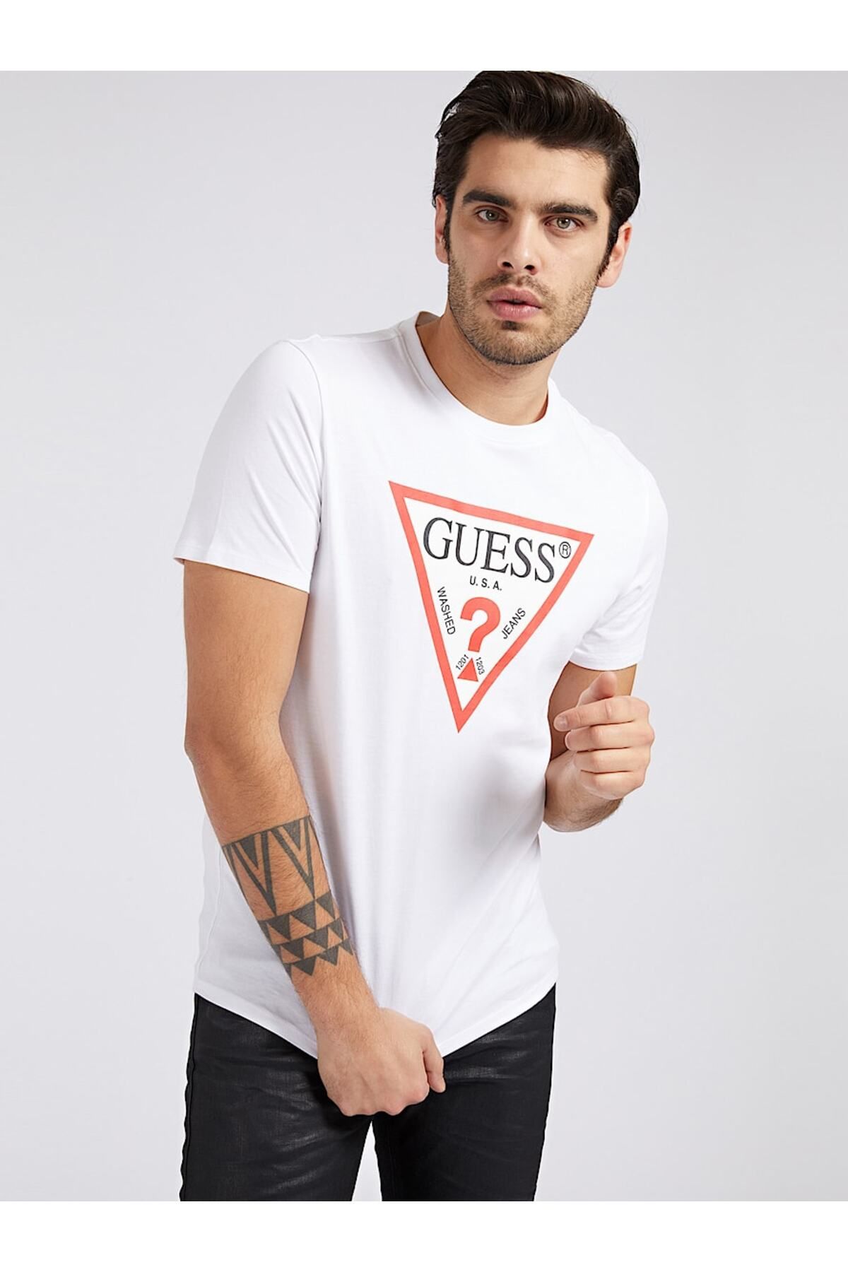 Guess Erkek Üçgen Logolu T-shirt-Beyaz