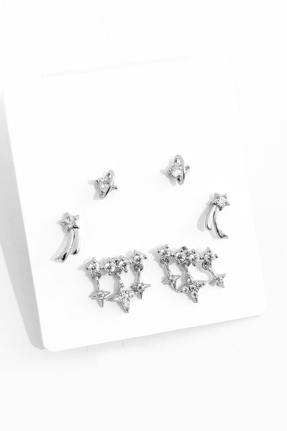 New Obsessions Uma Yıldızları Gümüş Rengi Antiallerjik Mini Çivi Küpe Seti 6'lı Paket