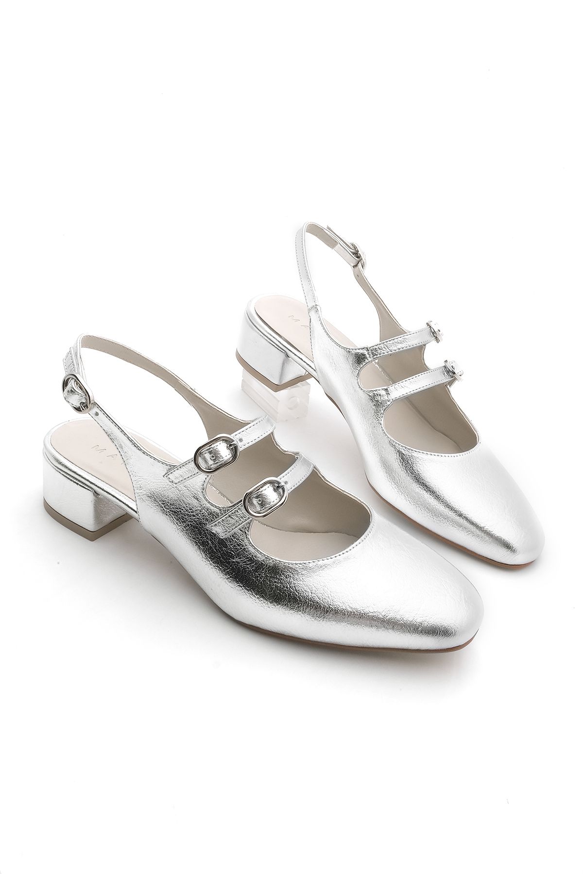 Marjin Kadın Çift Bantlı Arkası Açık Klasik Topuklu Ayakkabı Rosna Gümüş