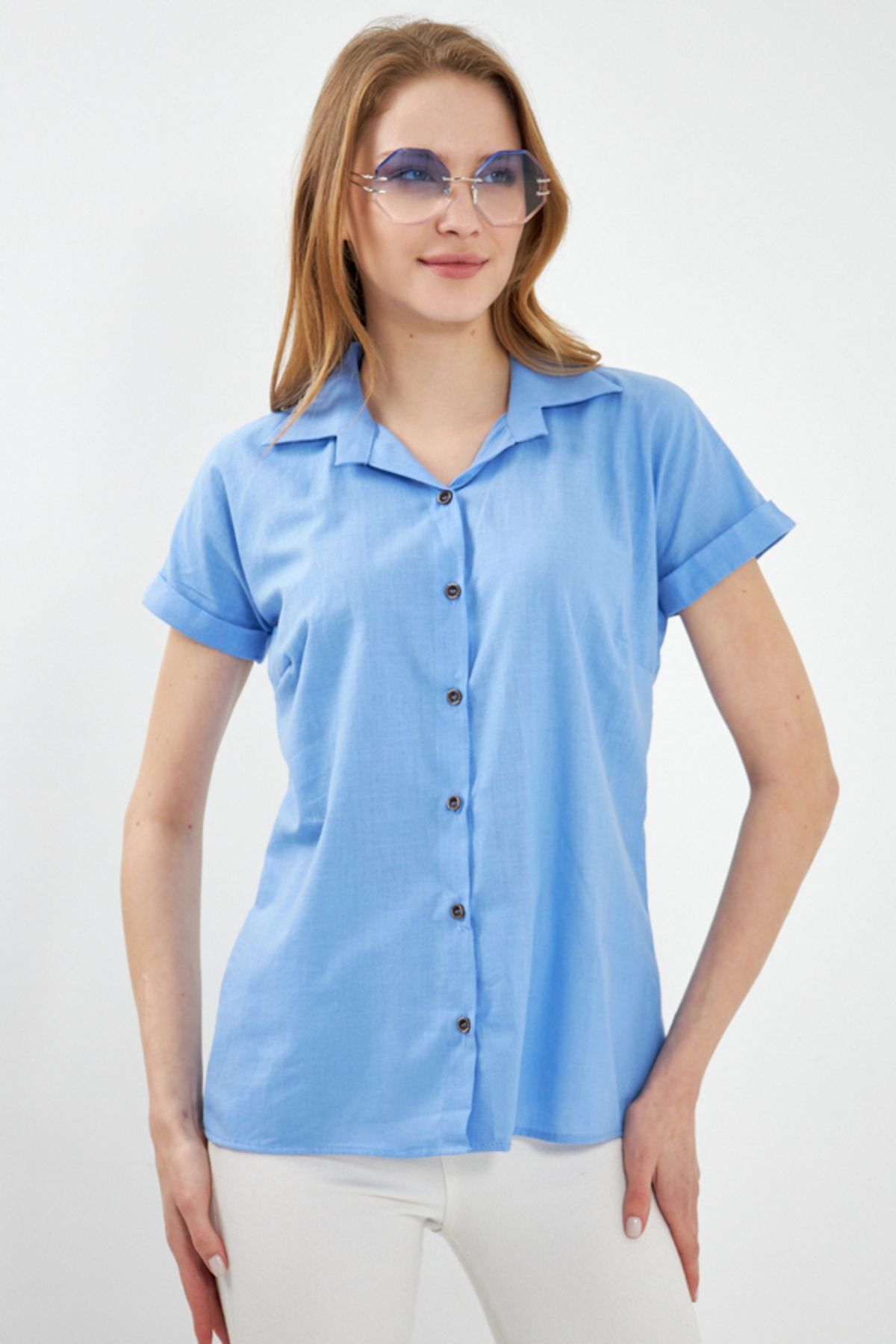 armonika Kadın Bebe Mavi Kısa Kol Keten Gömlek ARM-24Y001038