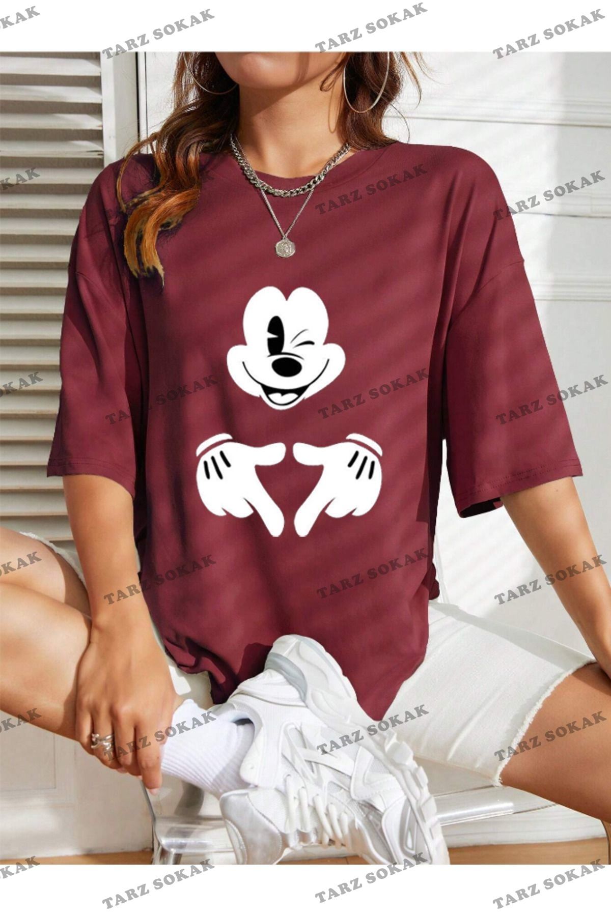 Tarzsokak Unisex Kadın/Erkek Mickey Mouse Renkli Özel Baskılı Oversize Pamuk Penye