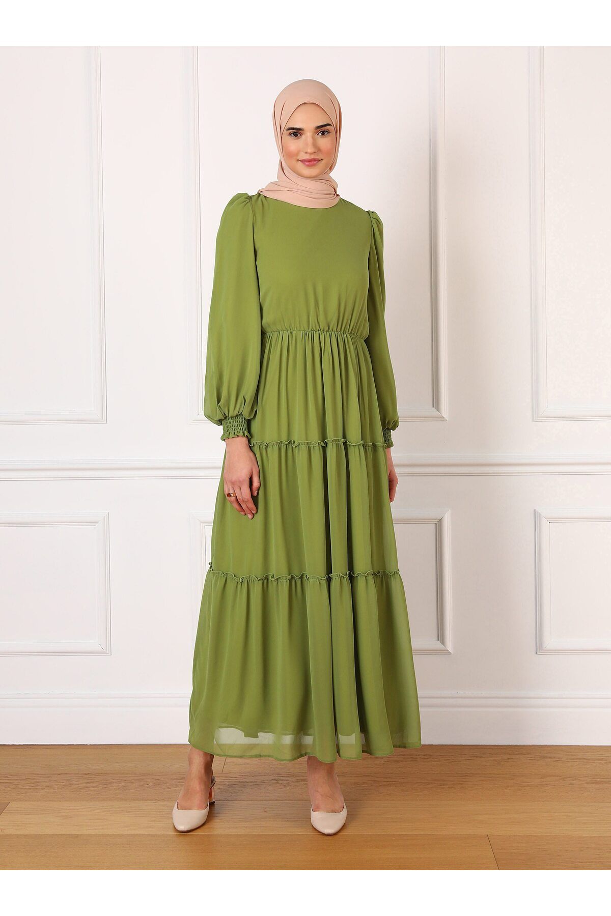 Refka Beli Lastikli Şifon Tesettür Elbise - Yağ Yeşili - Refka