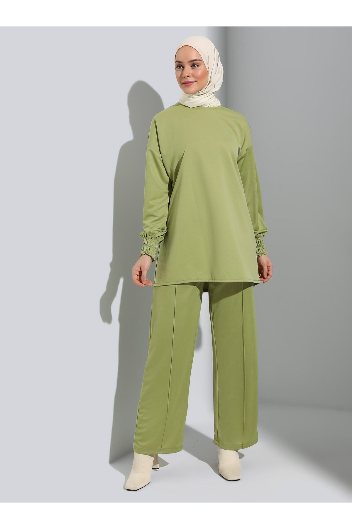 Refka Kolları Gipe Detaylı Tunik&Pantolon Takım - Yağ Yeşili - Refka