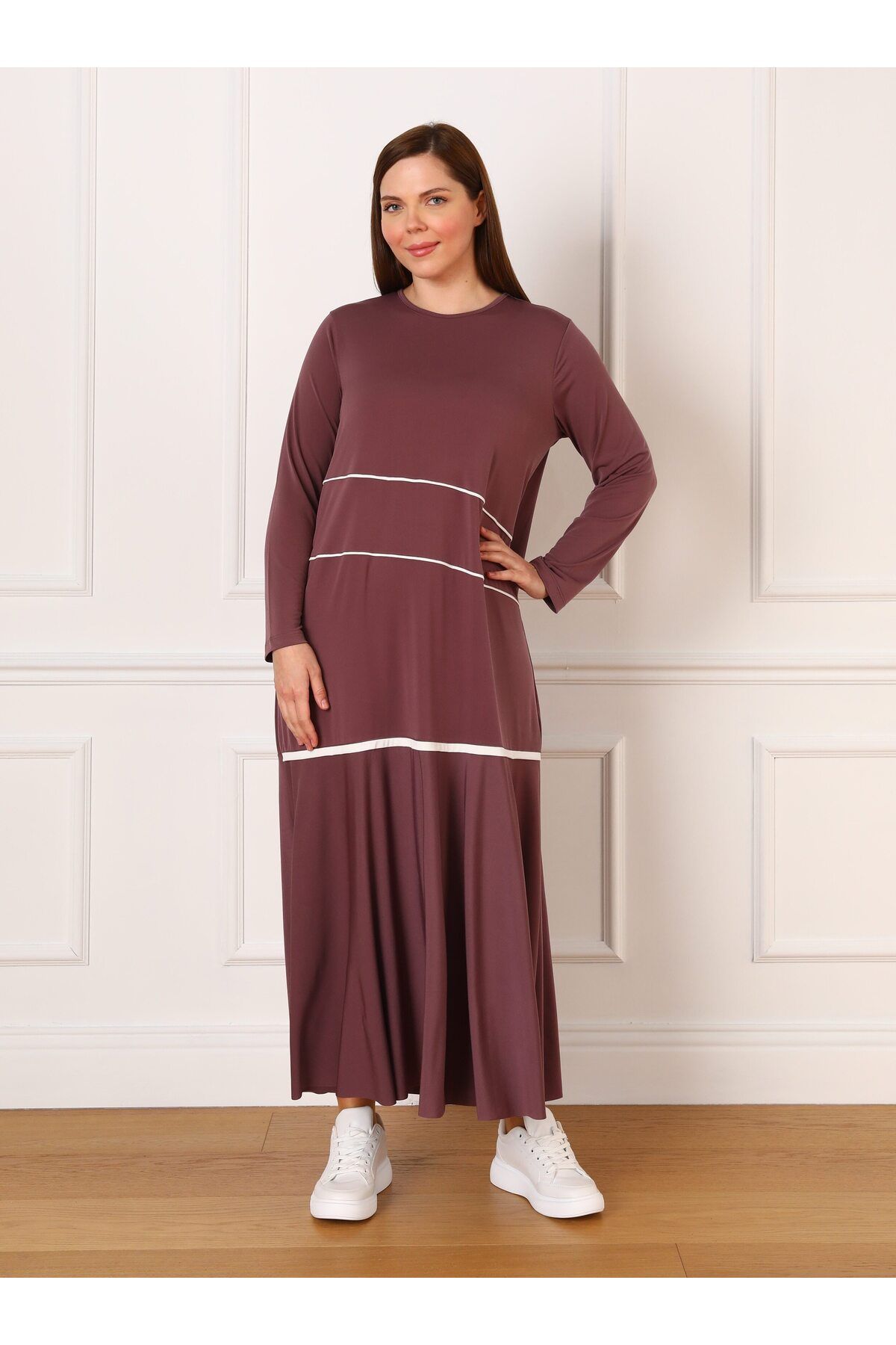 Alia Büyük Beden Biye Detaylı Örme Elbise - Koyu Mor- Alia