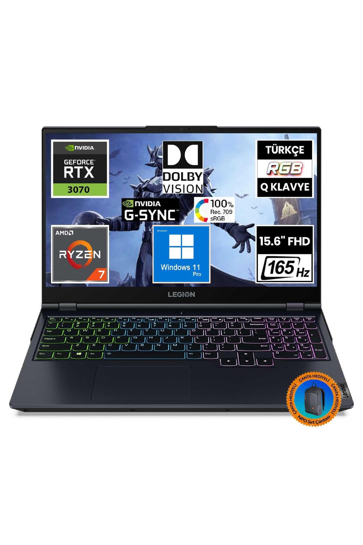 LENOVO Legion 5 82JU00EATX10 Ryzen7 5800H 32GB 1TBSSD+1TBSSD RTX3070 15.6" FullHD W11P Taşınabilir B