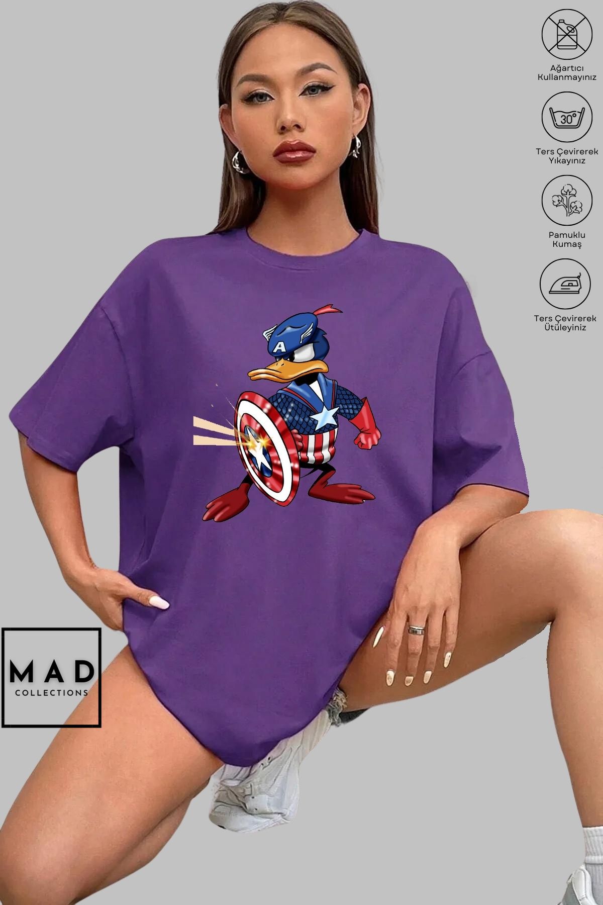 MAD COLLECTİON MAD COLLECTIONUnisex OversizeBisikletYaka PamukDonald Duck Captain America Baskılı Kısa Kollu Tişört