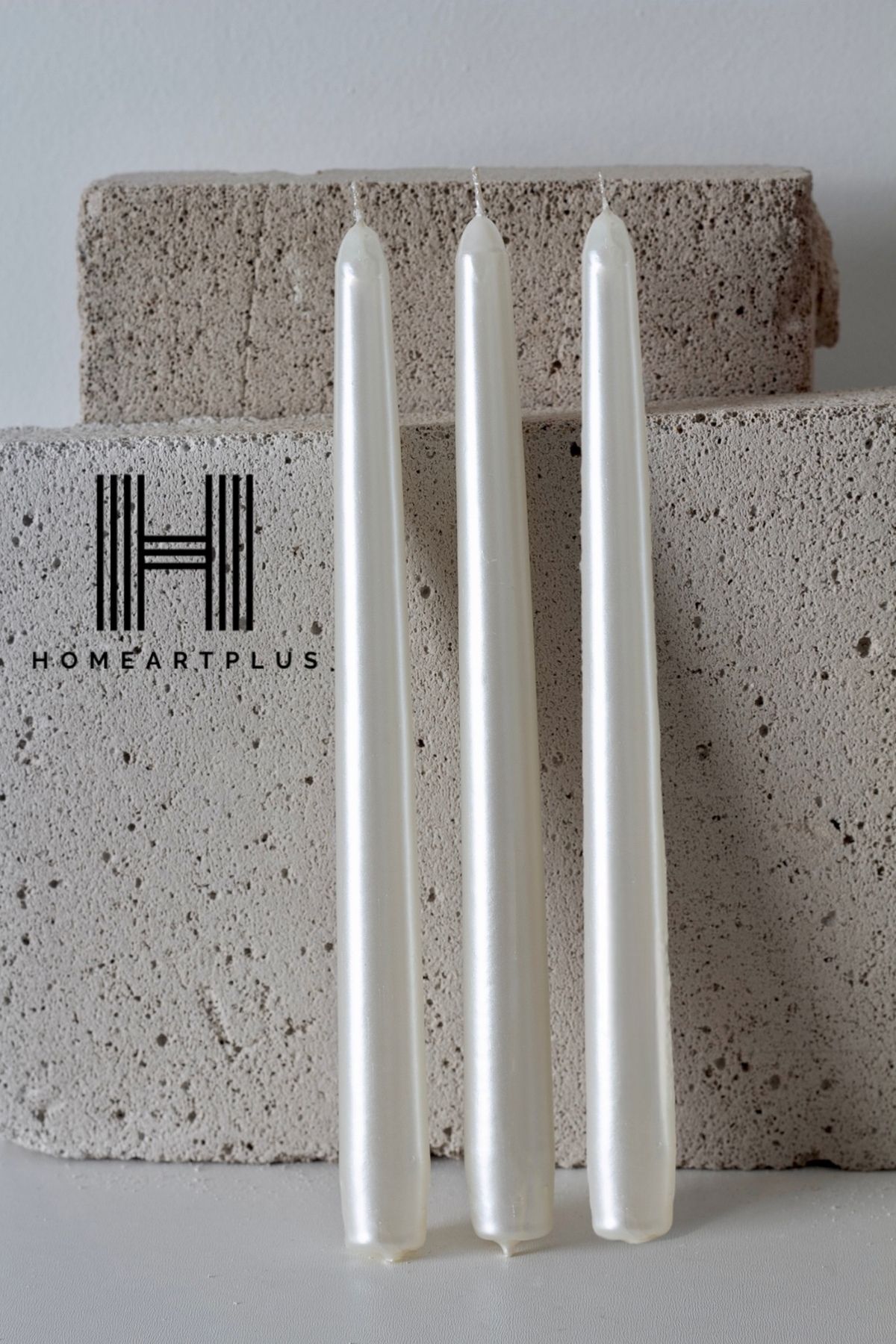 homeartplus 3 'lü Metalik İnci Beyaz Renk Şamdan Mumu konik (25cm 2.2cm)