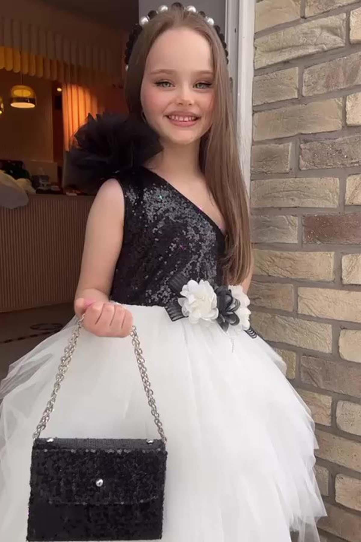 Riccotarz Kız Çocuk Tek Omuz Üstü Pulpayet İşlemeli Önü Çiçekli Tül Tül Siyah Beyaz Elbise