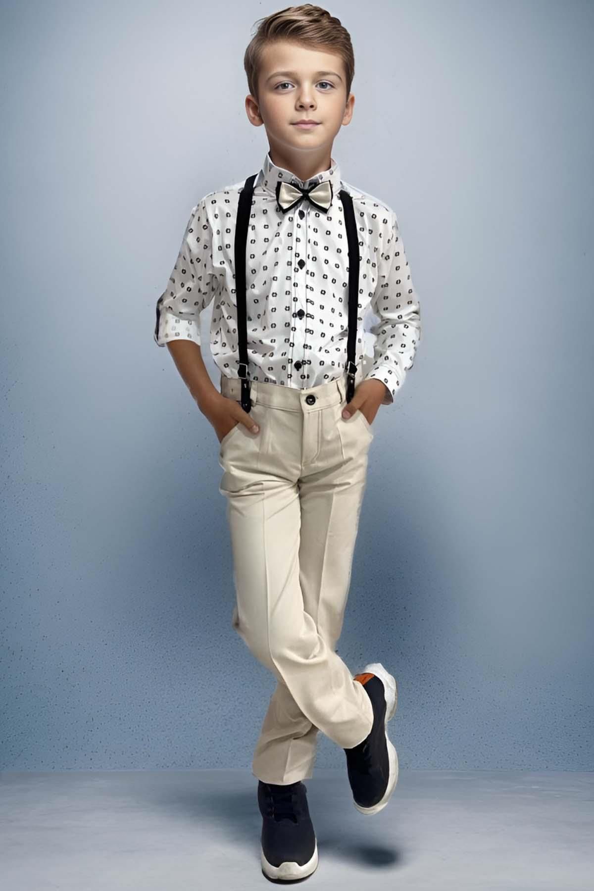 Riccotarz Erkek Çocuk Desenli Gömlek, Papyon ve Askılı Krem Pantolon Alt Üst Takım