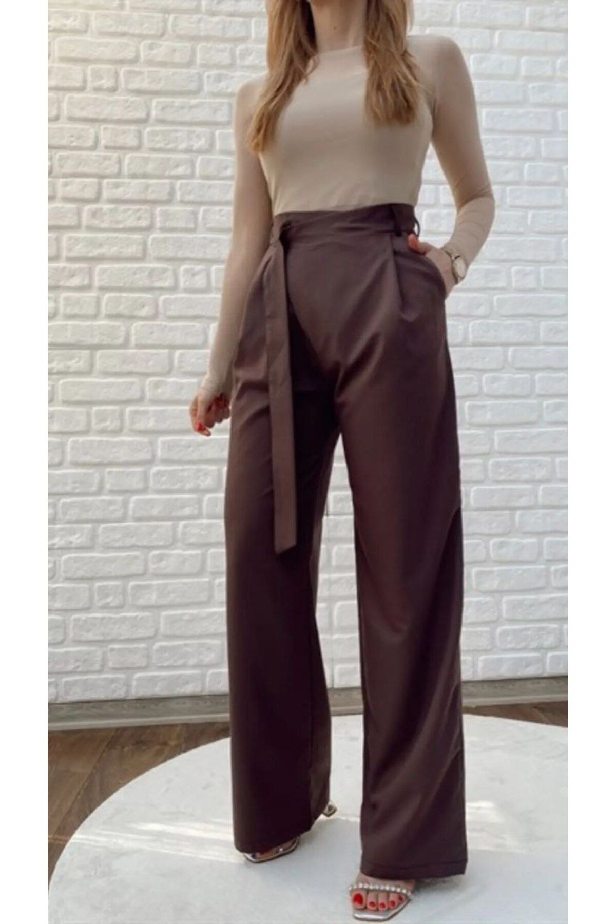 SHUGAA Kadın Kuşaklı Tasarım Saten Pantolon