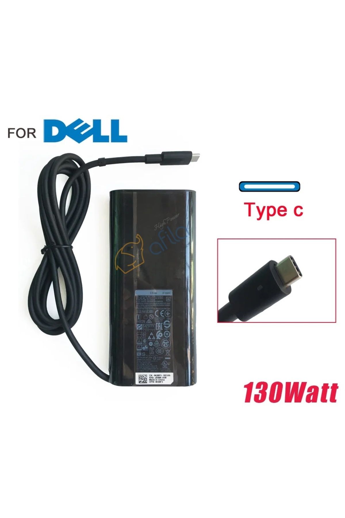 Afila Dell 20V 6.5A 130W  Uyumlu  Thunderbolt 3, USB-C, Type-C PD Adaptör, Şarj Cihazı RPA-AC217