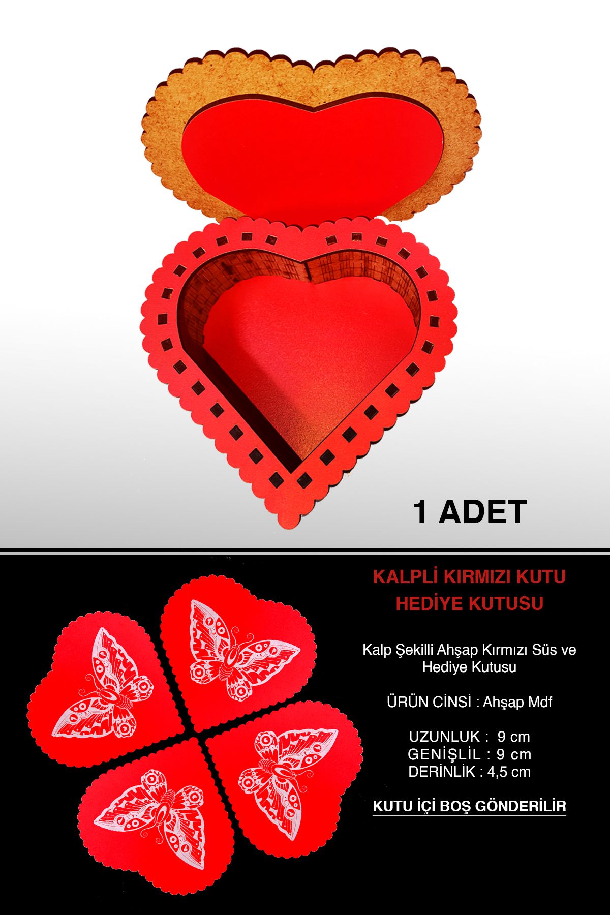Genel Markalar 1 adet Kalpli Kırmızı Kutu - Hediye Kutusu - Mini Kapaklı Kalp Şekilli Kırmızı Kutu