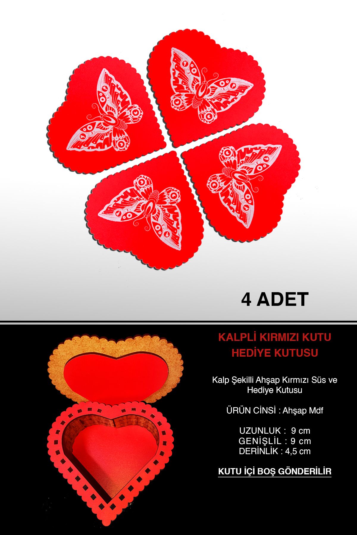 Genel Markalar 4 adet Kalpli Kırmızı Kutu - Hediye Kutusu - Mini Kapaklı Kalp Şekilli Kırmızı Kutu