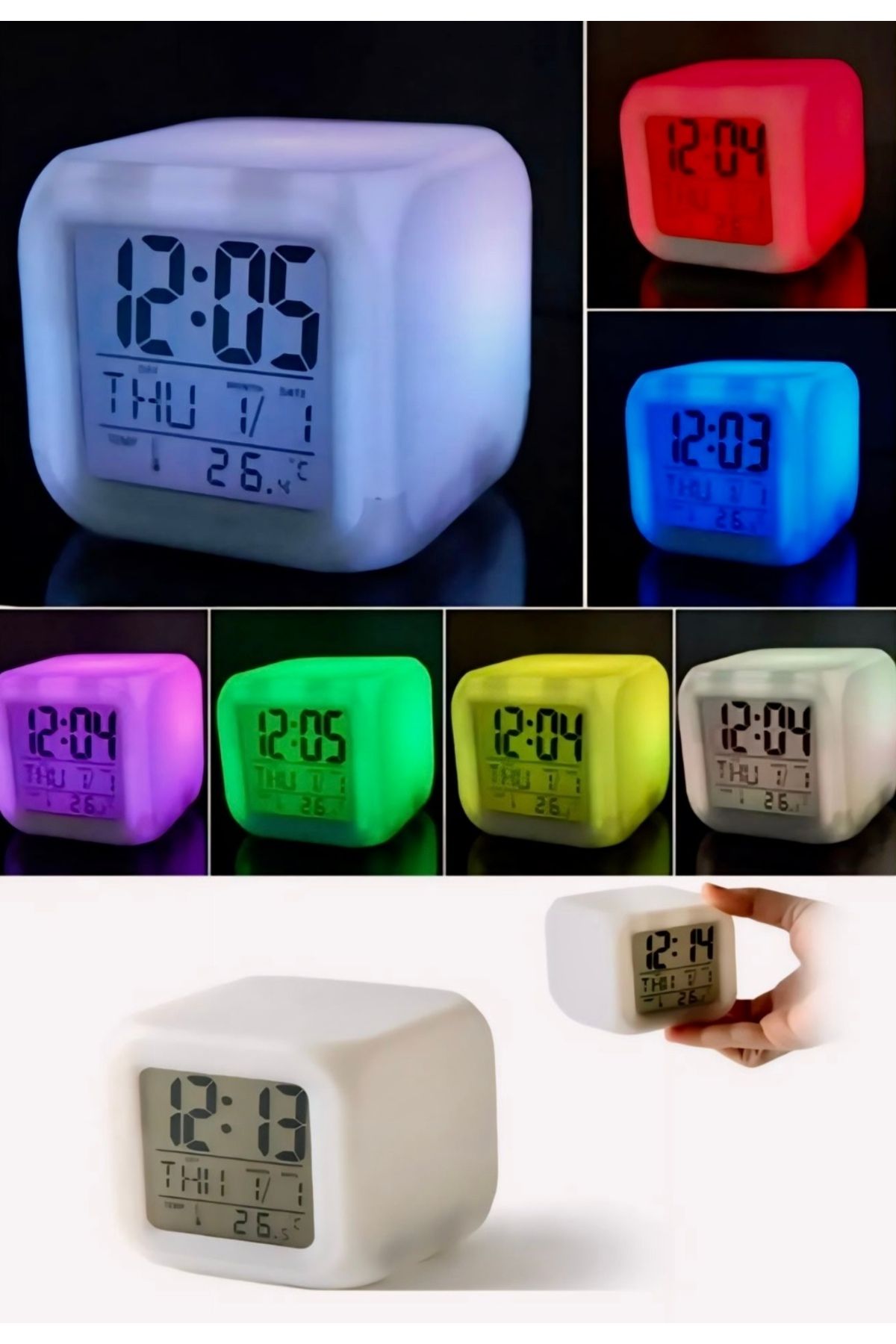 Mi-ÇA HOME Ev Ofis Masa Saati 7 Renk Değiştiren Dijital Küp Alarmlı Çalar Saat Gece Lambası Takvim