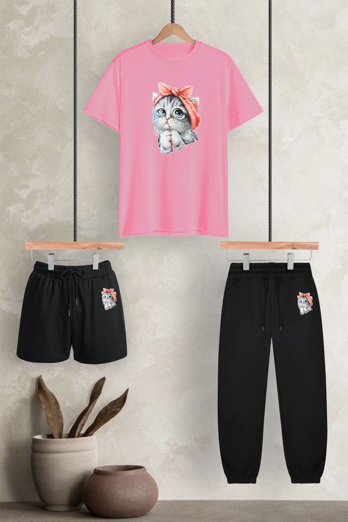 PENTHİLUS sevimli kedi baskılı Unisex (bol Kalıp) Oversize 3'lü T-shirt Paketi