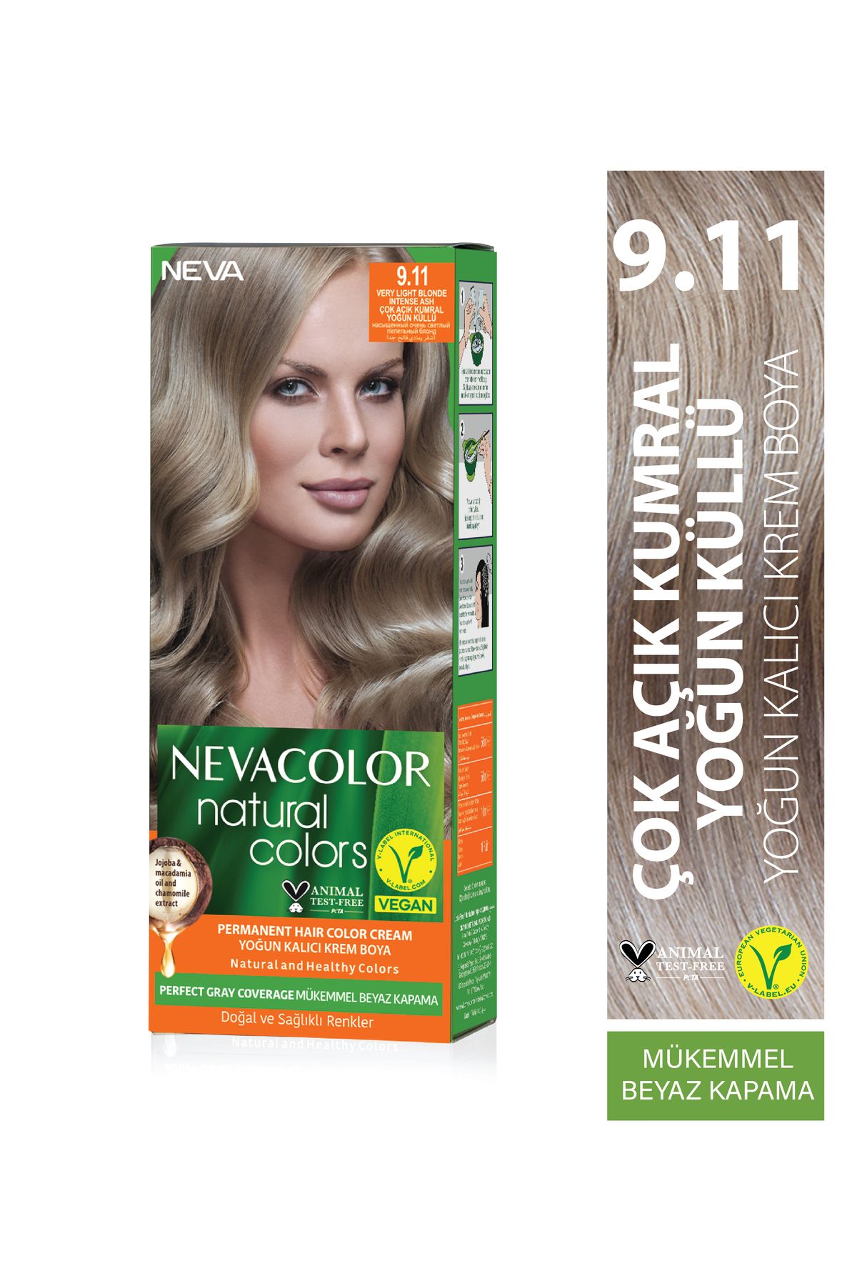 Neva Color Natural Colors 9.11 ÇOK AÇIK KUMRAL YOĞUN KÜLLÜ Kalıcı Krem Saç Boyası Seti