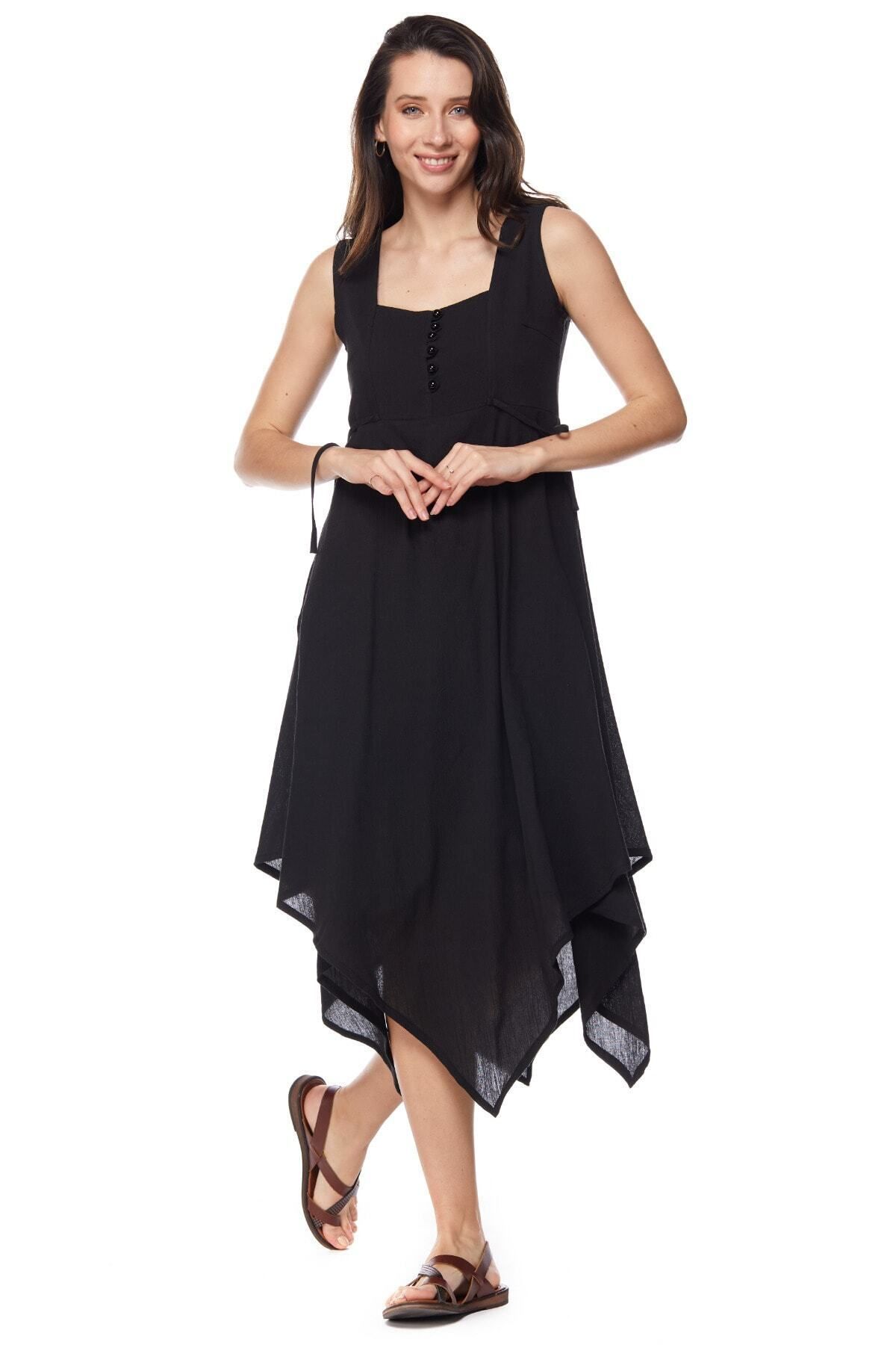 Newbutix Şile Bezi Siyah Asimetrik Kolsuz Düğmeli Ilkbahar Ve Yaz Elbise