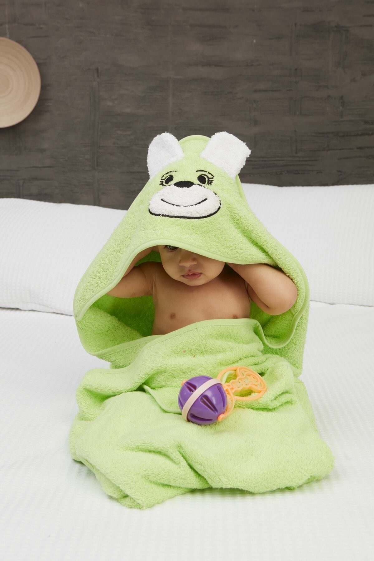 Mislina Home Pupy Bear Kapşonlu Bebek Banyo Havlusu Yeşil 100x100 Cm