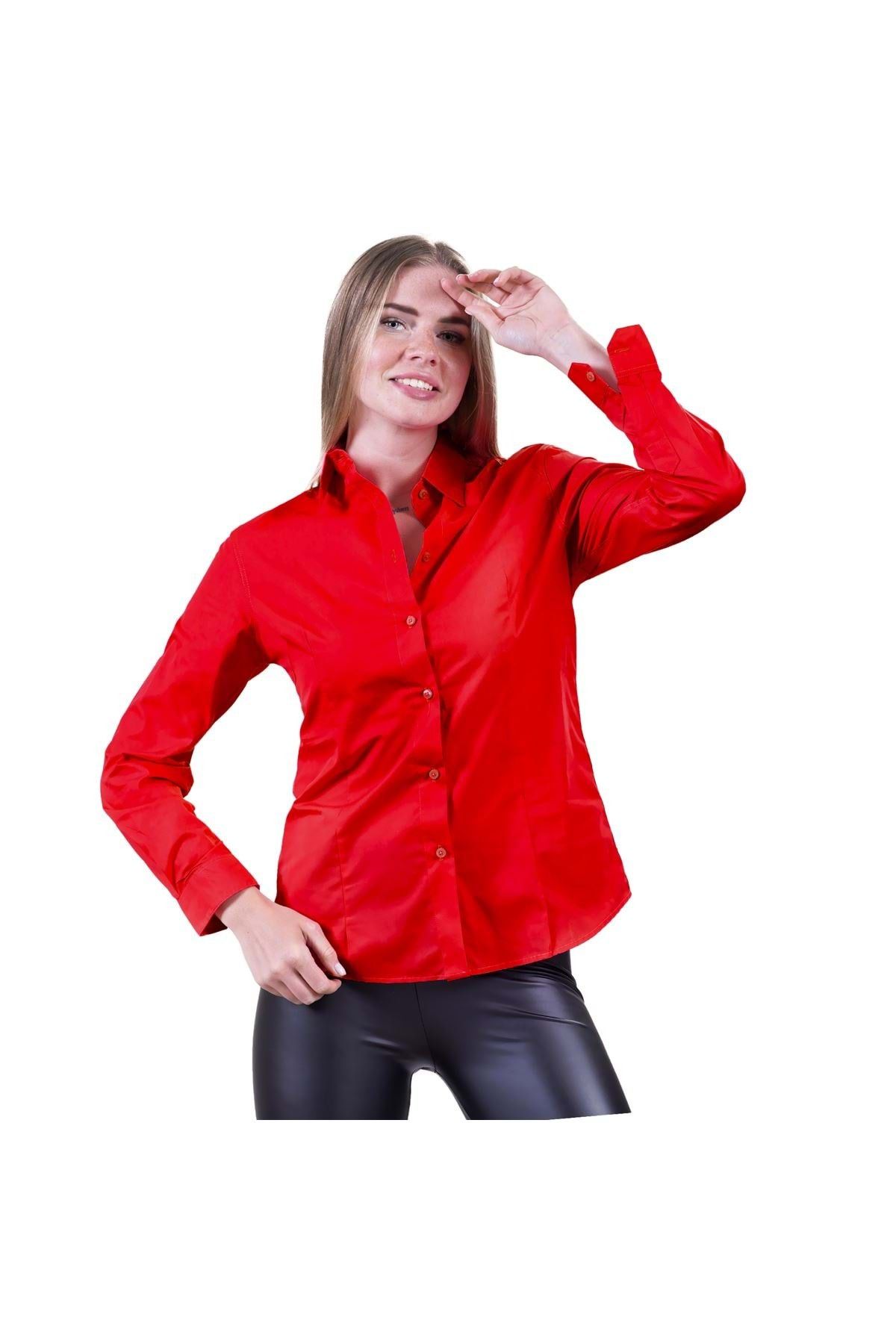 Exve Exclusive Kırmızı Sade Basic Uzun Kollu Kadın Gömlek