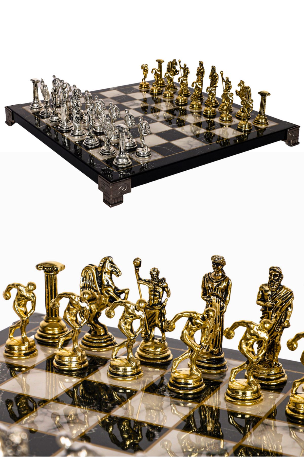 Cooper Chess Metal Satranç Takımı | 25cm Mermer Desenli Satranç Tahtası | Mitolojik Tanrı Figürlü Discus Olimpik