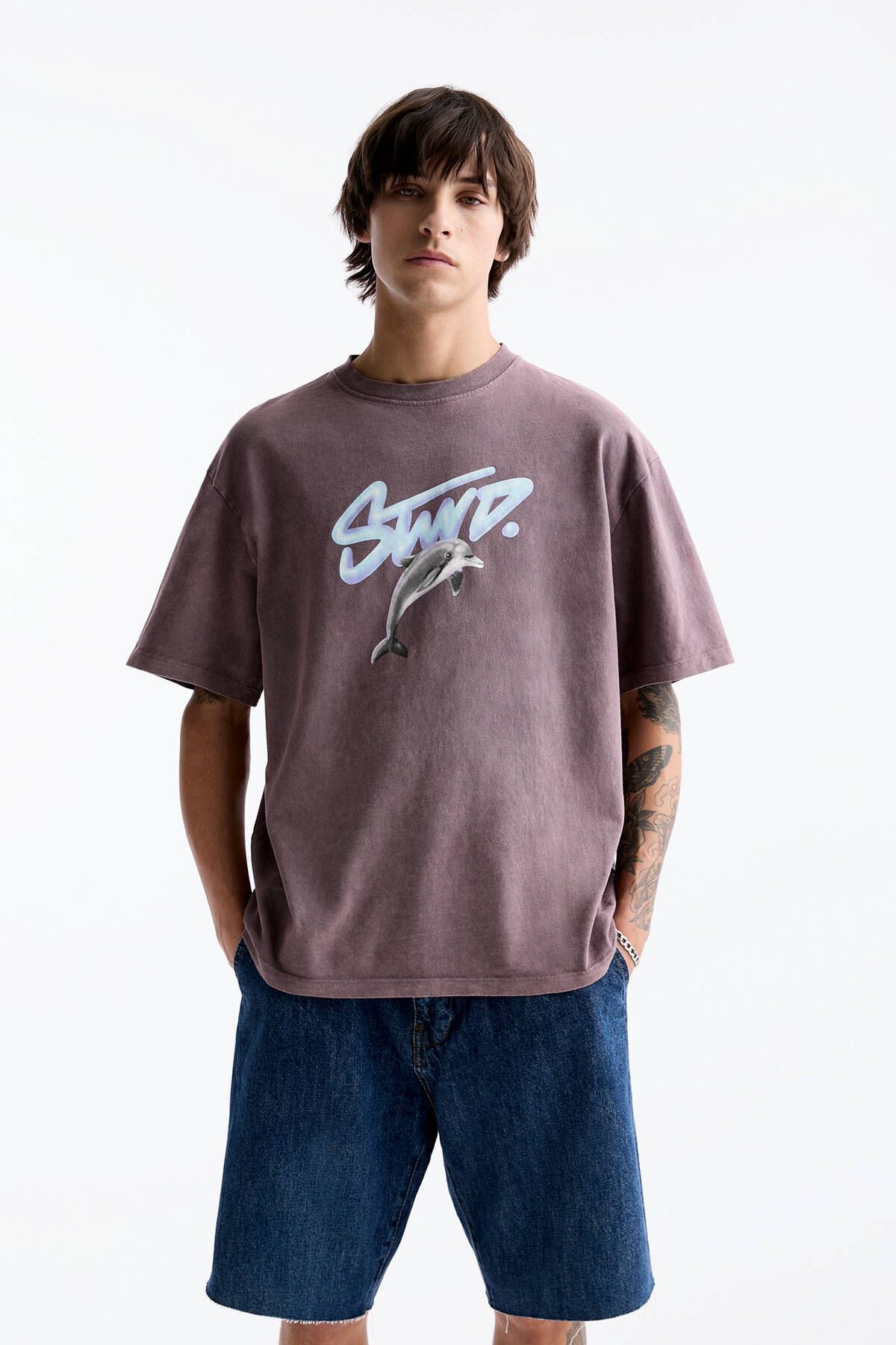 Pull & Bear Soluk efektli STWD yunus grafik baskılı t-shirt