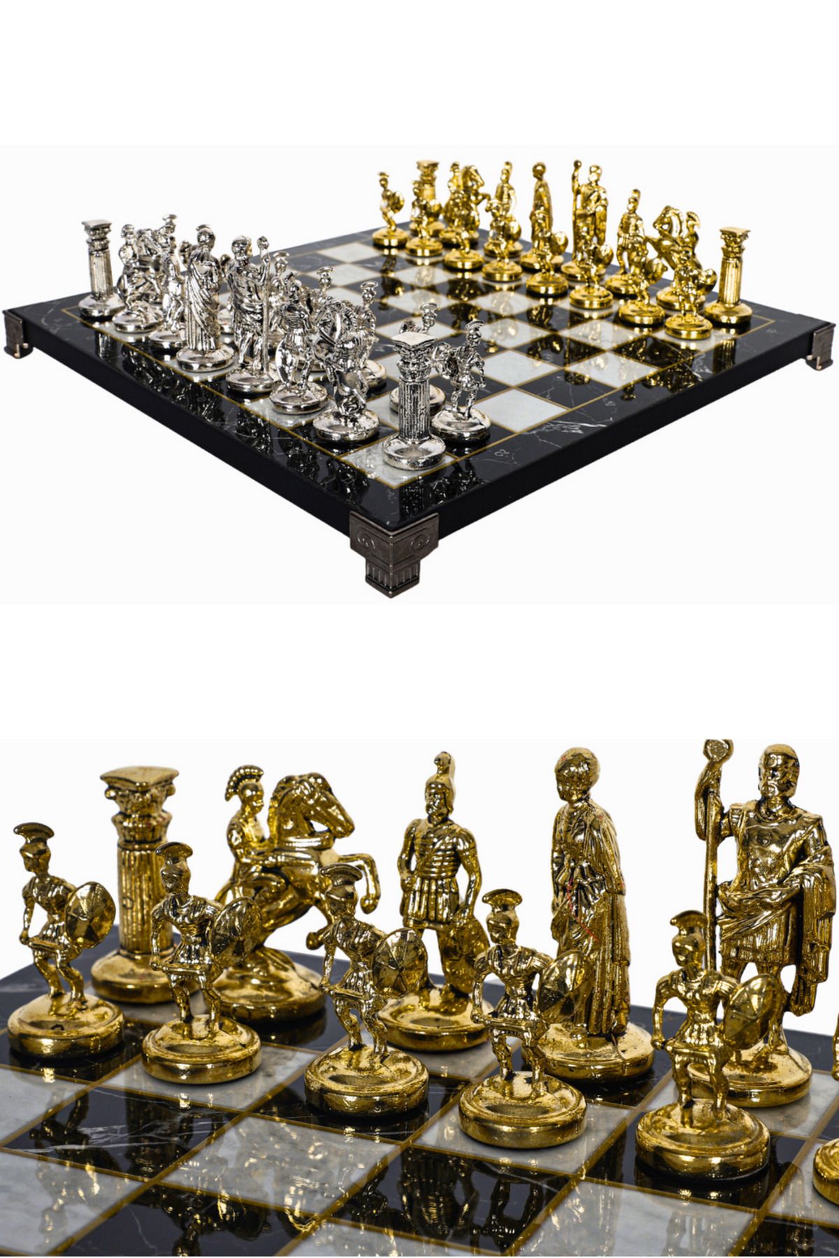 Cooper Chess Metal Satranç Takımı | 30cm Mermer Desenli Satranç Tahtası | Antik Roma İmparatorluğu Sezar Figürlü
