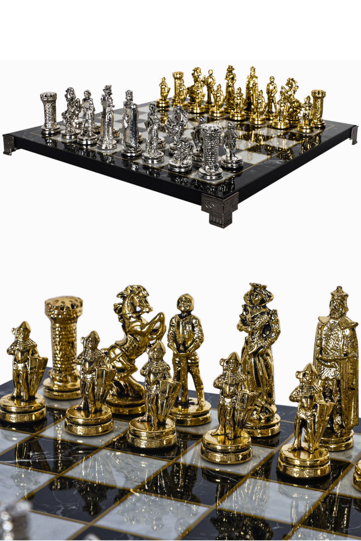 Cooper Chess Metal Satranç Takımı | 30cm Mermer Desenli Satranç Tahtası | Ortaçağ İngiliz Kraliyet Ordusu Figürlü
