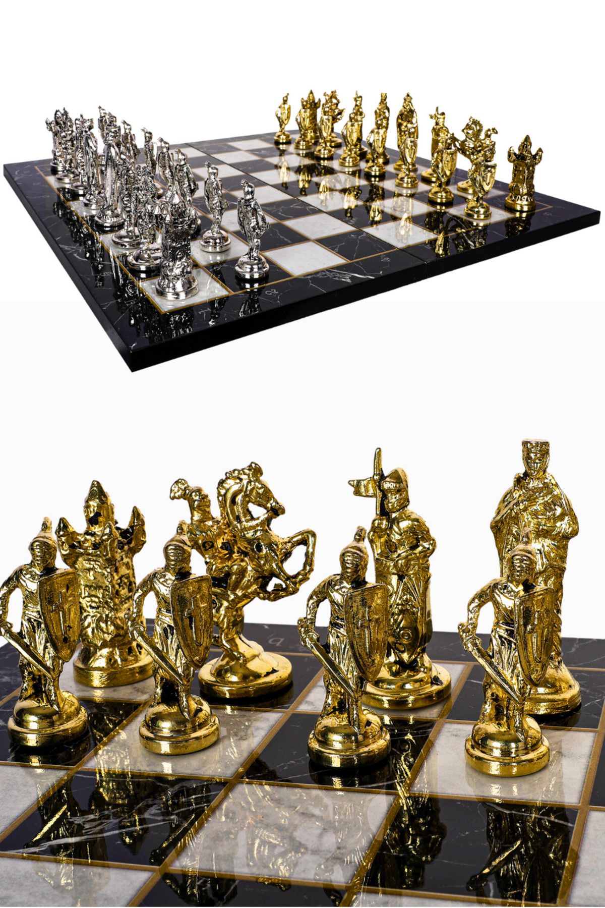 Cooper Chess Büyük Metal Satranç Takımı | 44cm Mermer Desenli Satranç Tahtası | Ortaçağ İngiliz Kraliyet Şövalye