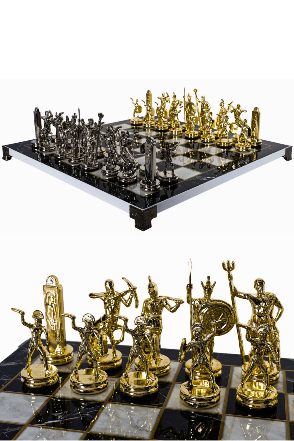 Cooper Chess Büyük Metal Satranç Takımı | 37cm Mermer Desenli Satranç Tahtası | Yunan Mitolojik Poseidon Figürlü