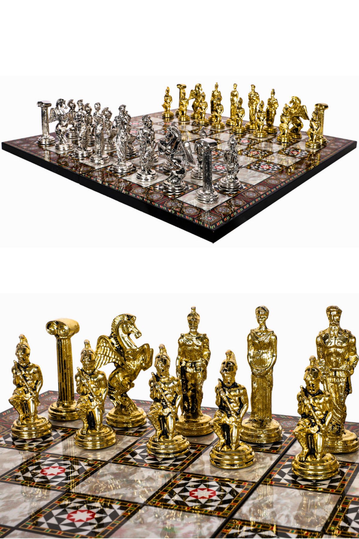 Cooper Chess Büyük Metal Satranç Takımı | 44cm Mozaik Desenli Satranç Tahtası | Pegasus Mitolojik Antik Figürlü