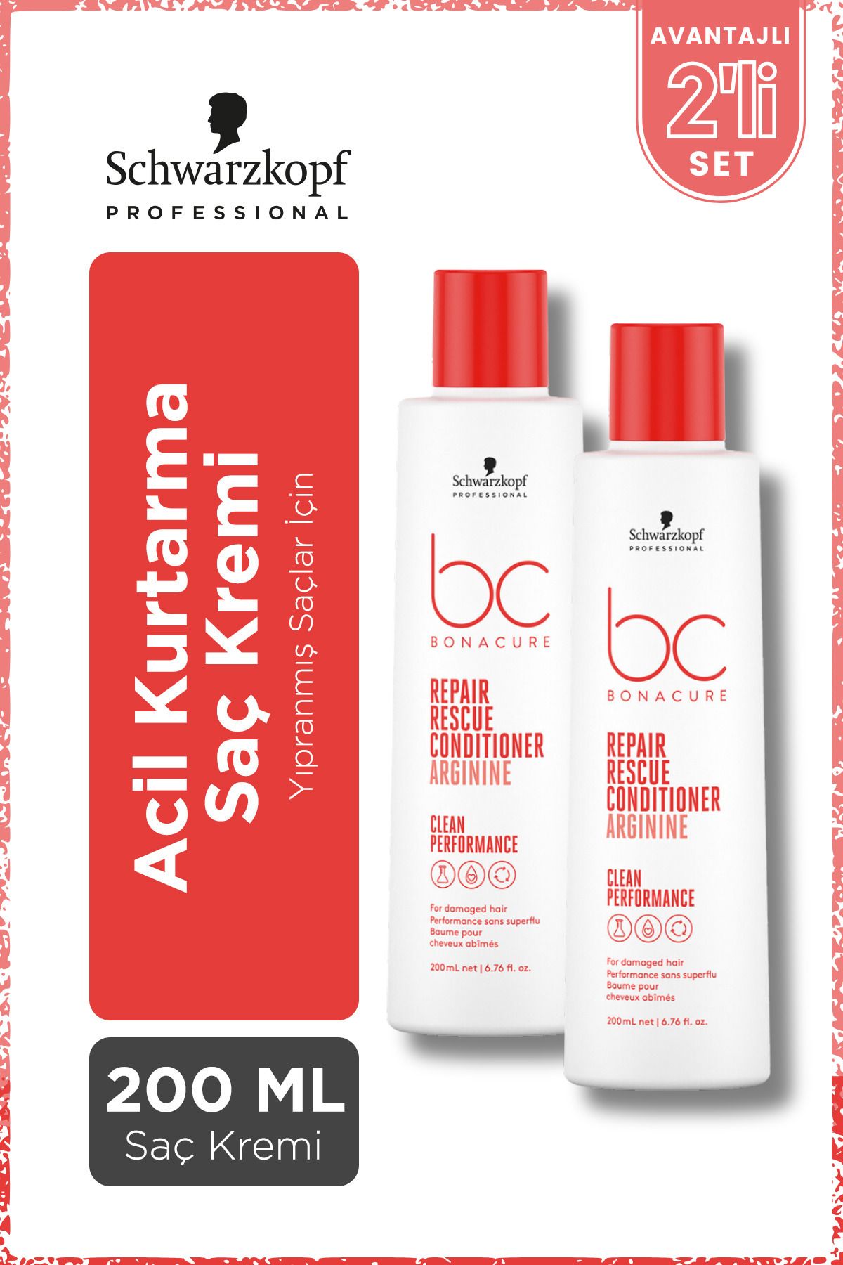 Bonacure BC Clean Acil Kurtarma Saç Kremi 200ml x 2 Adet - Yıpranmış veya İşlem Görmüş Saçlar İçin