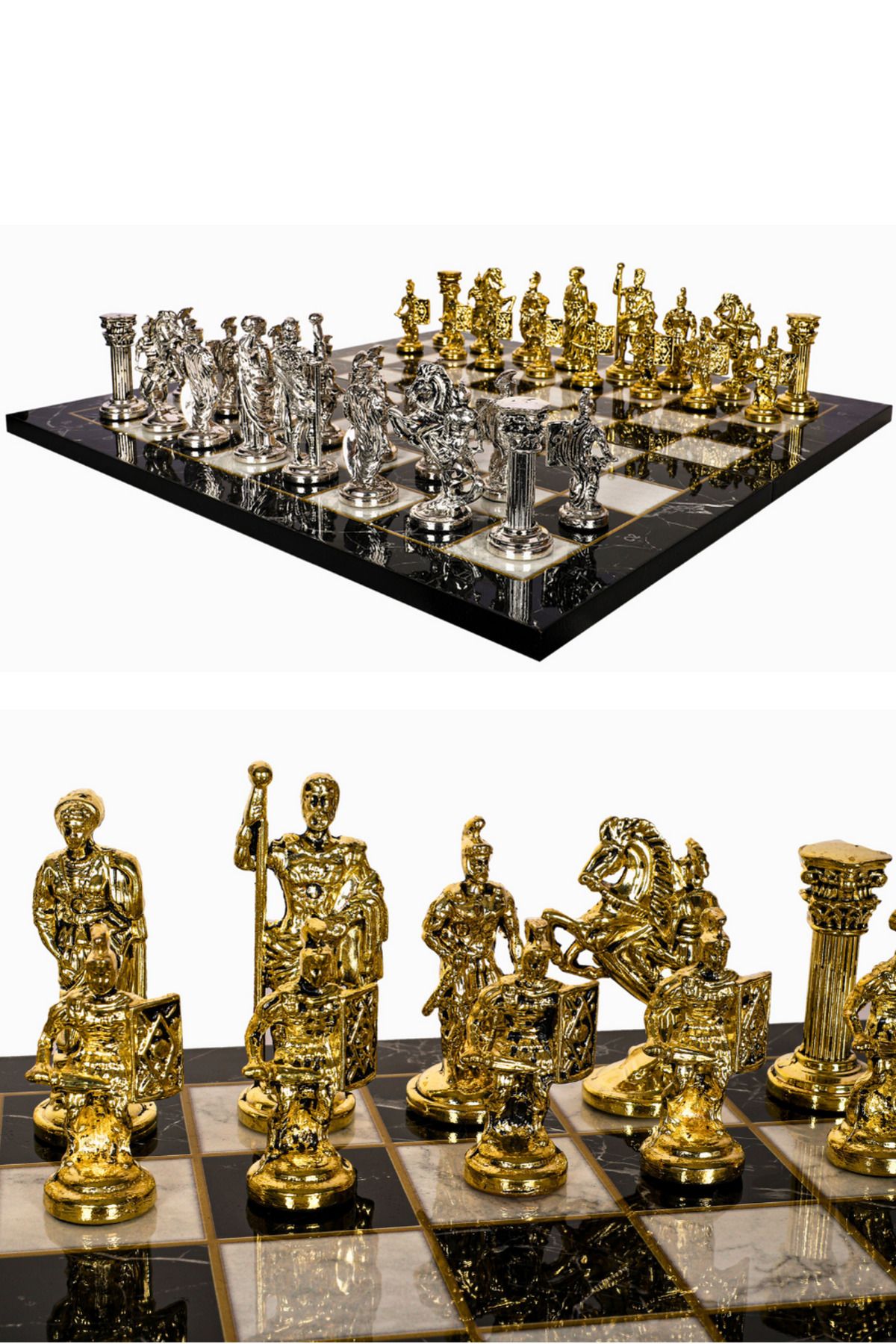 Cooper Chess Büyük Metal Satranç Takımı | 44cm Mermer Desen Satranç Tahtası-Antik Roma İmparatorluğu Sezar Figür