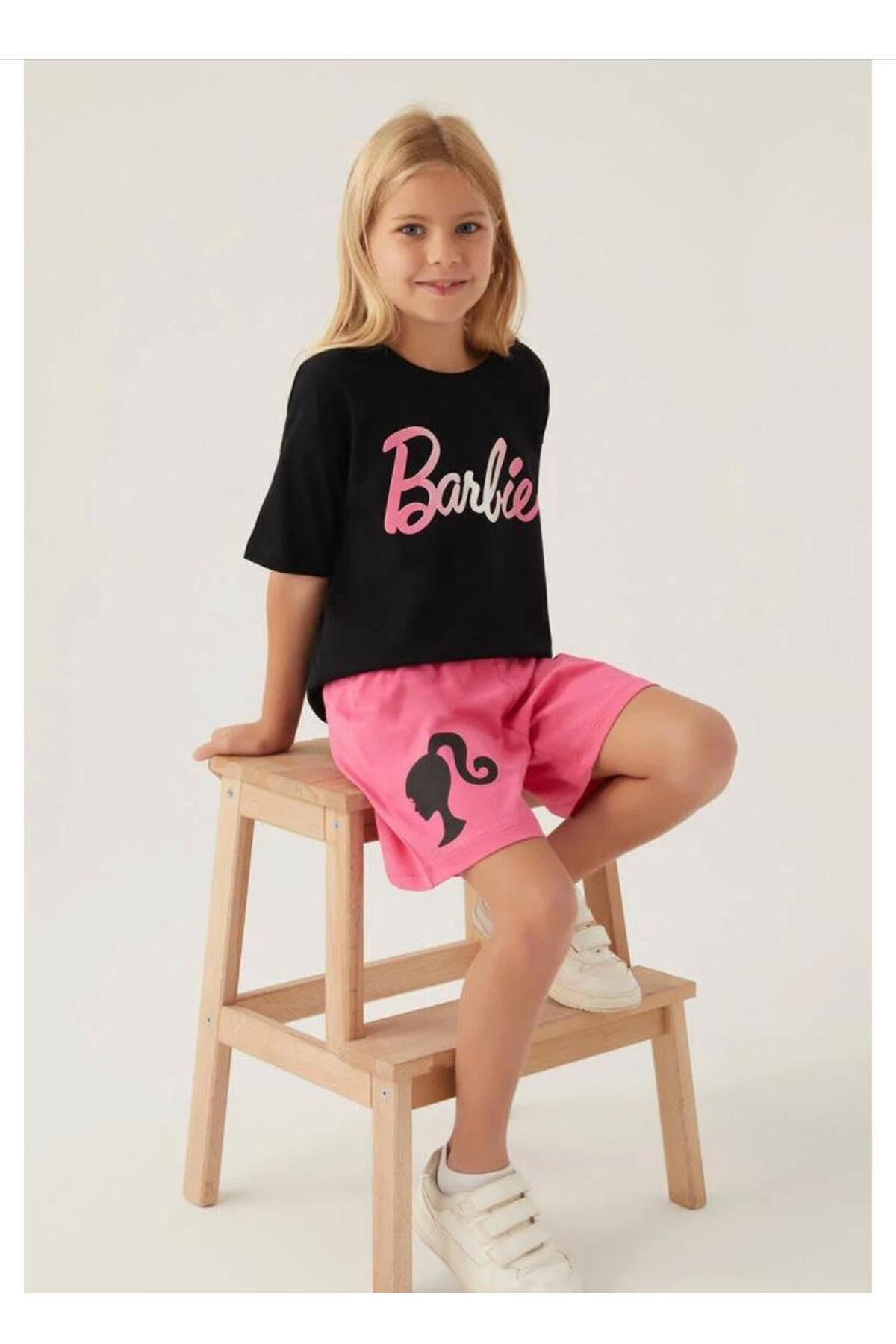 Barbie Patterned Siyah Kız Çocuk Şort Takım