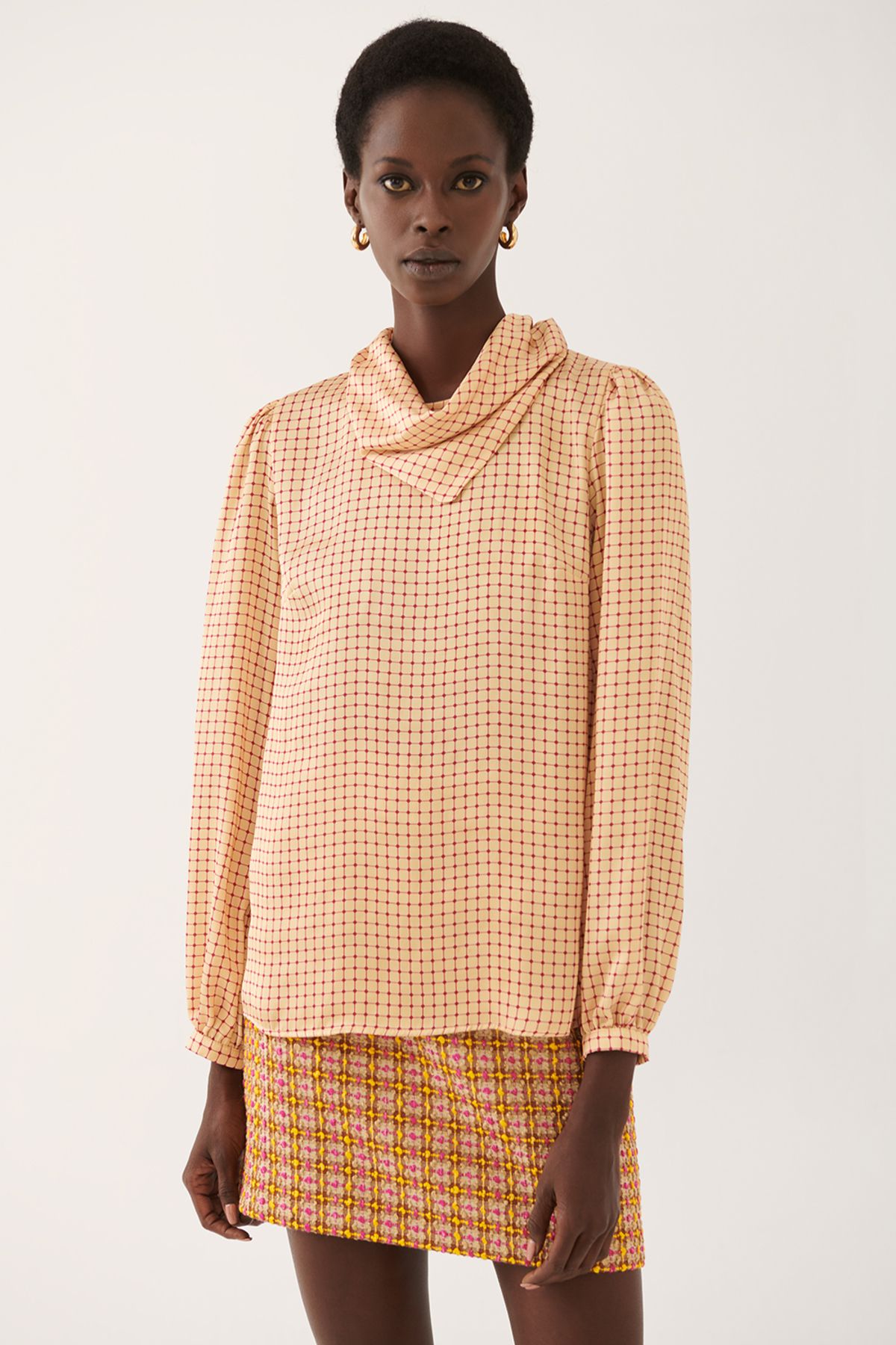 Perspective Marlins Regular Fit Şal Yaka Geometrik Desenli Bal Fuşya Renk Kadın Bluz