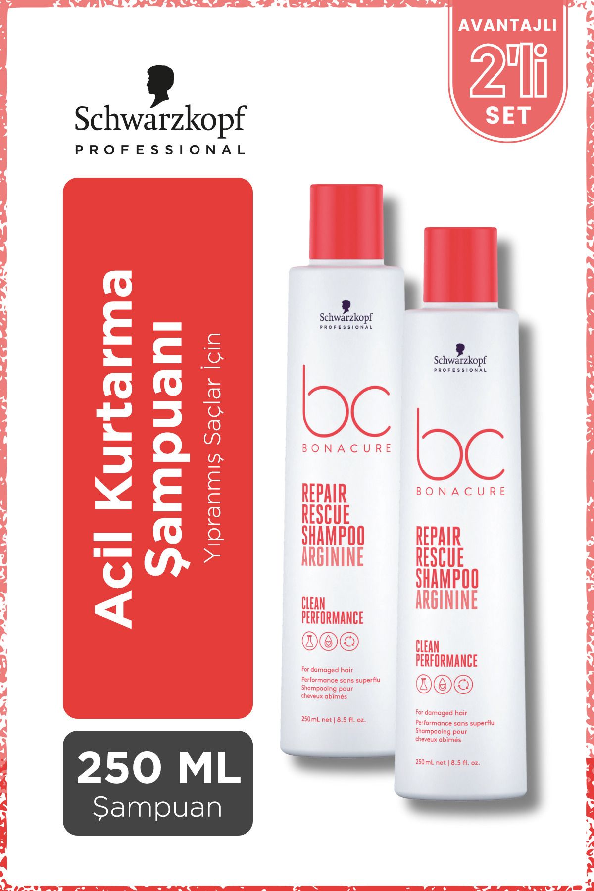 Bonacure BC Clean Acil Kurtarma Şampuanı 250ml x 2 Adet - Yıpranmış veya İşlem Görmüş Saçlar İçin