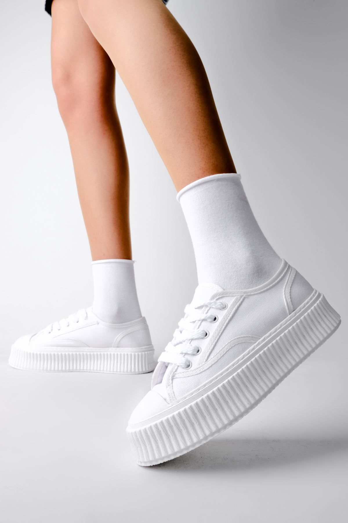 LAL SHOES & BAGS Damian Yüksek Taban Bez Kadın Spor Ayakkabı-beyaz